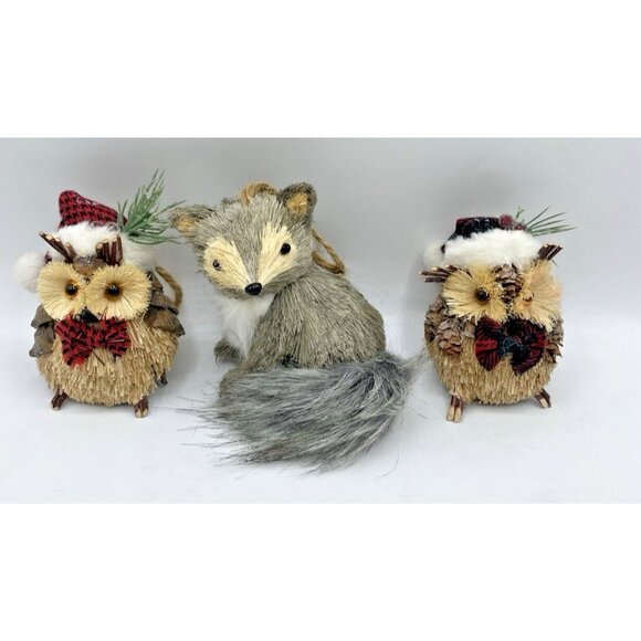Owl Arctic Fox Animal Ornament Lot 3 Sisal Faux Fur Nature Rustic Cabin Woodland - Picture 1 of 9